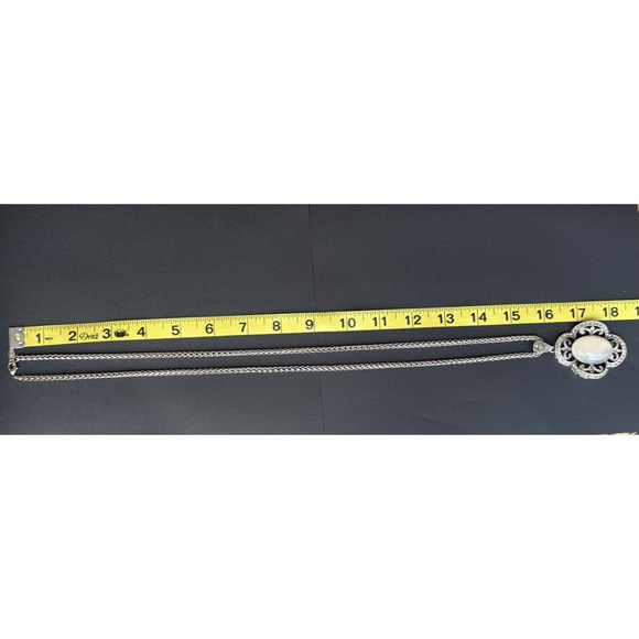 Marcasite Style Faux Moonstone Pendant Necklace Silver Tone Chain 32" - Picture 7 of 7